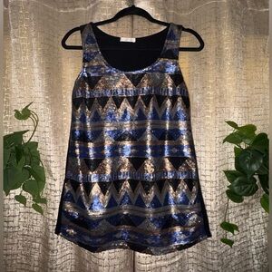 Promod Blue & Gunmetal Sequin Tank Top | Geometric | Evening | Size Medium